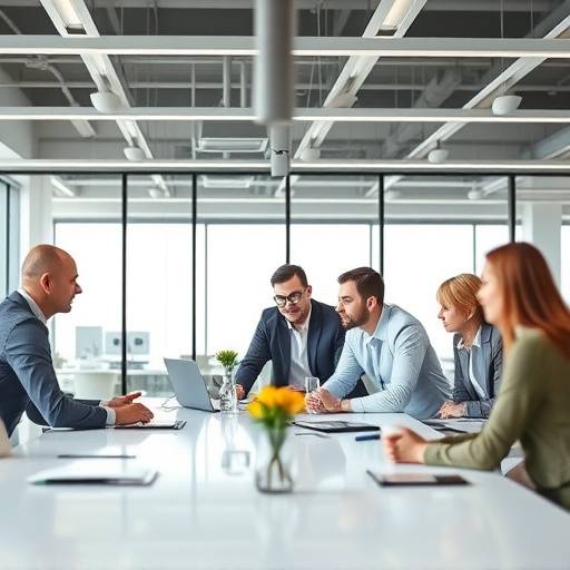 Photo of a diverse group of professionals collaborating around a conference table, emphasizing the collaborative nature of structured interviews.