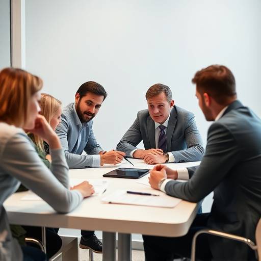 Photo of people collaborating around a table, representing a structured interview process.